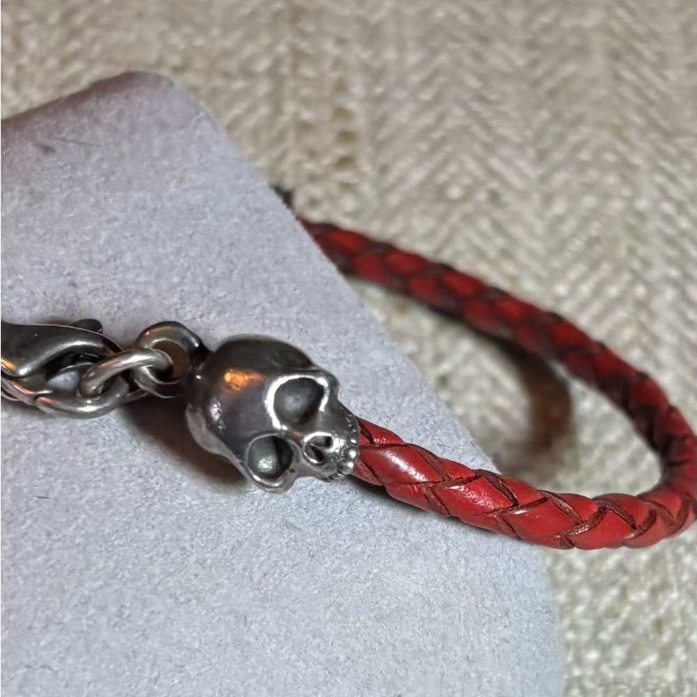 King Baby Studio Red Leather Bracelet with Silver Skull Charm